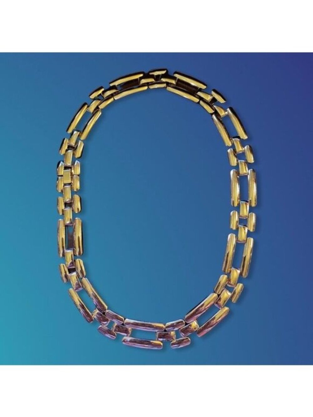 Gold Tone Rectangle Link Necklace Geometric Modernist Statement Choker Vintage